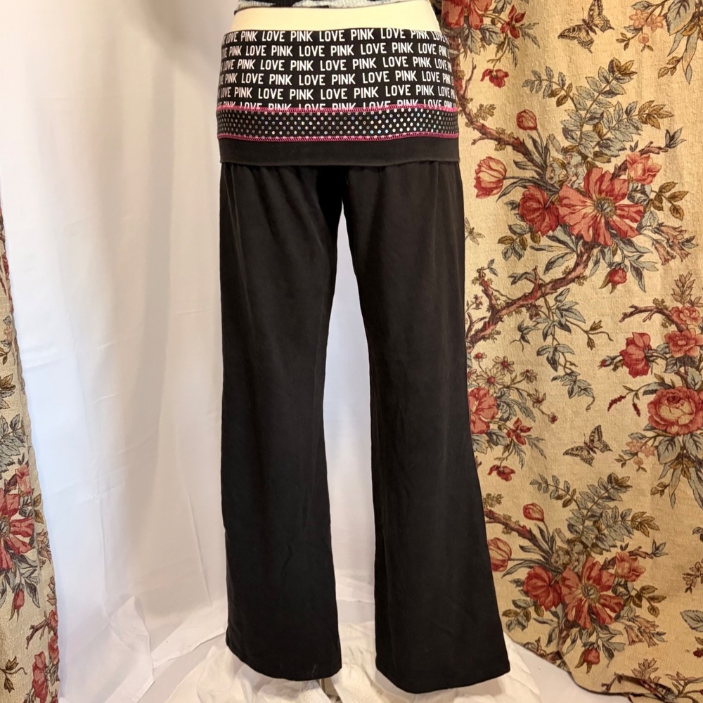 Victoria's Secret PINK Foldover Yoga Pants Polka Dot and logo pattern Wide Leg - Picture 3 of 12